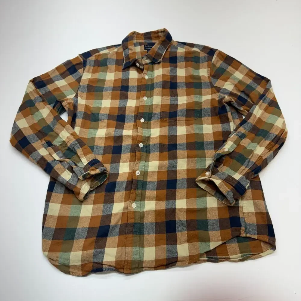 Mens J Crew Flannel Soft Orange Blue Tan Plaid Button Up Shirt Size Large